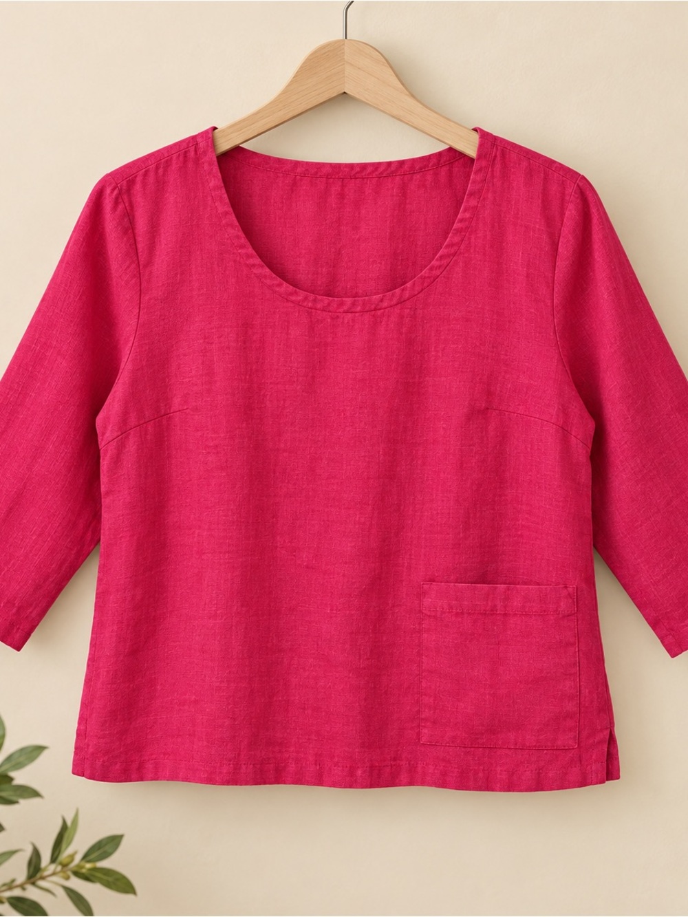 Flax 100% Linen Scoop-Neck One Pocket Top in Raspberry Pink